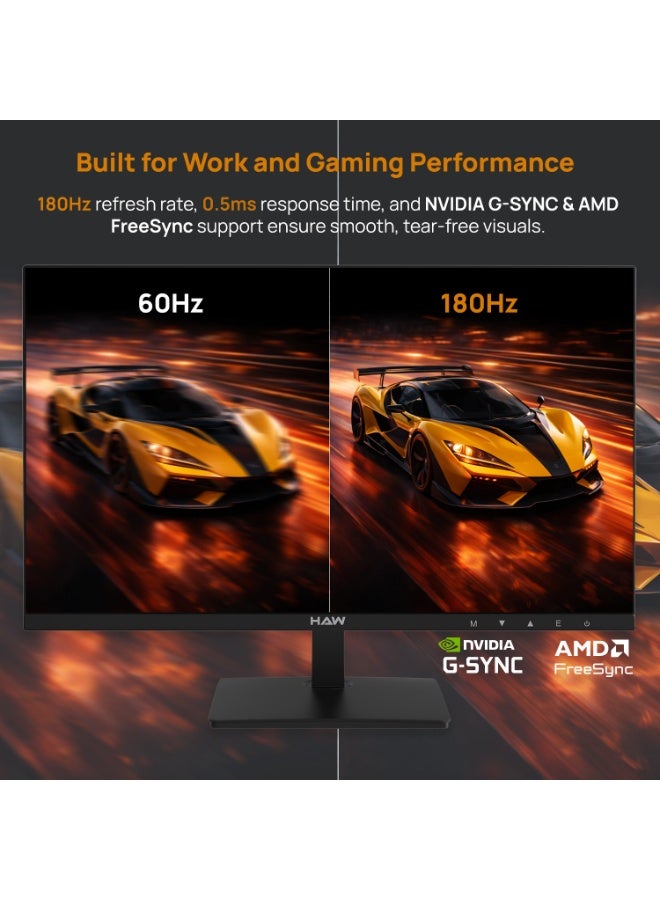 هاو شاشة ألعاب HAW F24IPY مقاس 24 بوصة، FHD 1920×1080 بتقنية IPS، معدل تحديث 180 هرتز، زمن استجابة 0.5 مللي ثانية MPRT، تدعم HDMI 2.1، متوافقة مع FreeSync وG-Sync، مكبرات صوت مدمجة، شاشة مسطحة، مناسبة للكمبيوتر وأجهزة الألعاب – أسود - Image 2